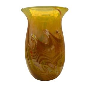 John Barber Art Glass Vessel Pulled Feather Iridescent Yellow Amber Signed Vase